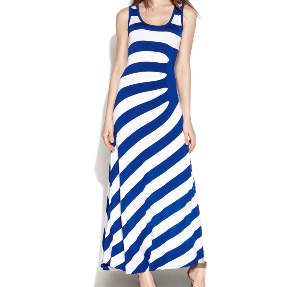 Calvin Klein Sleeveless Blue Gathered Stripe Maxi
